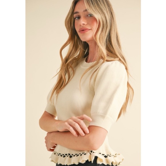 1012 • Ivory Knit Puff Sleeve Open Knit Ricrack Hem Detail Sweater Top - Picture 2 of 4